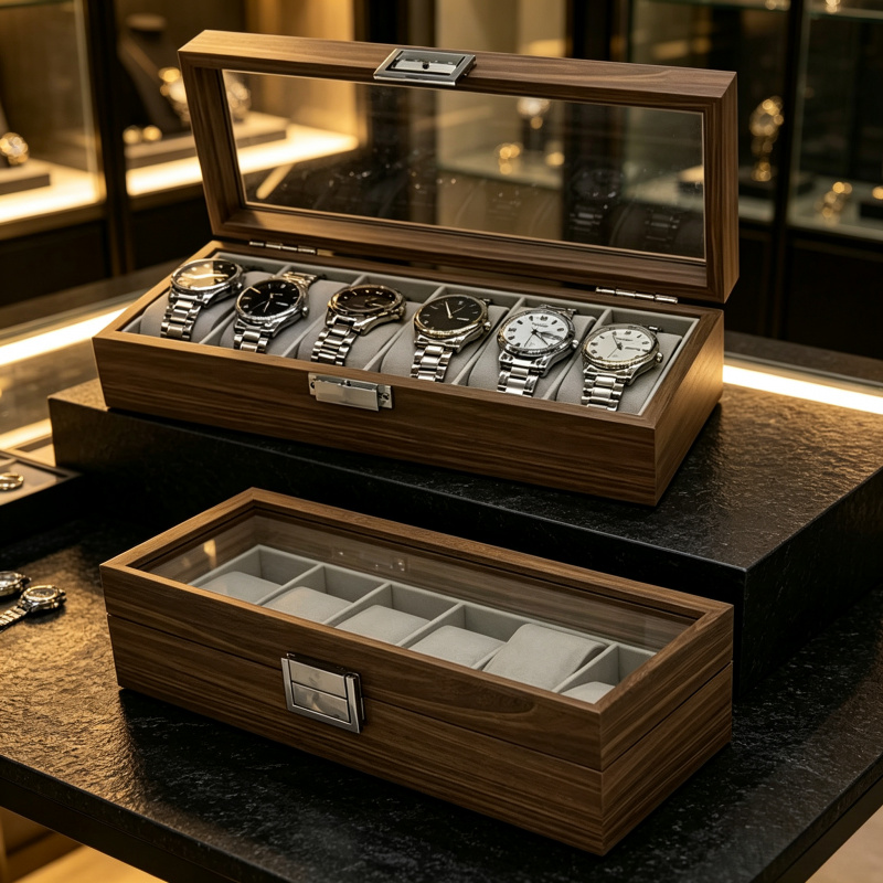 Men Accessories Organiser - Black Walnut Wooden 6-Slot Watch Storage
